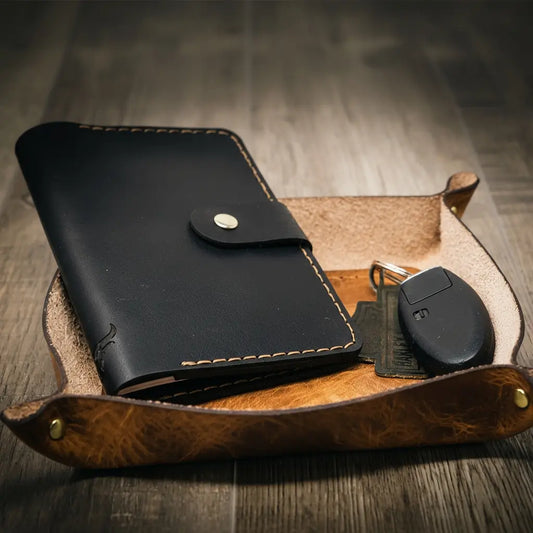Saddle tan square leather valet tray