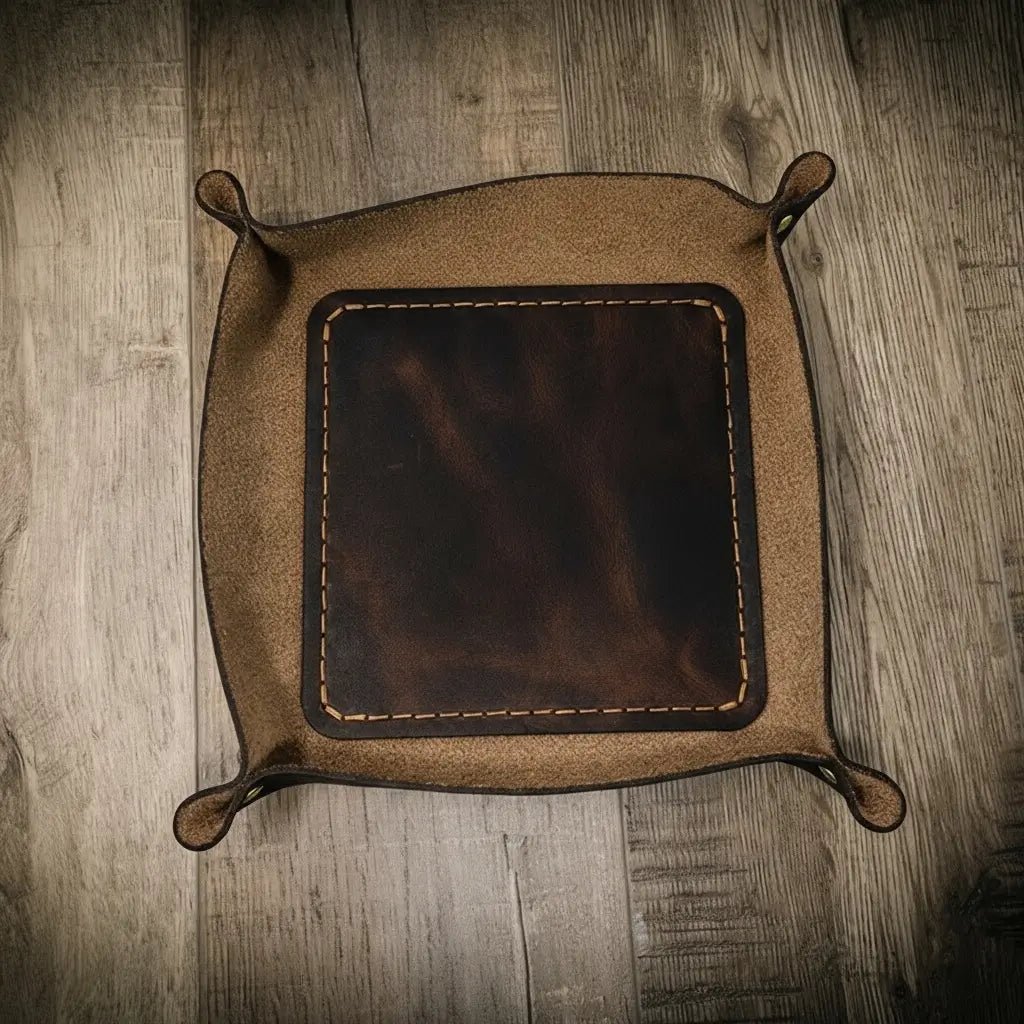 Saddle tan square leather valet tray, view 4