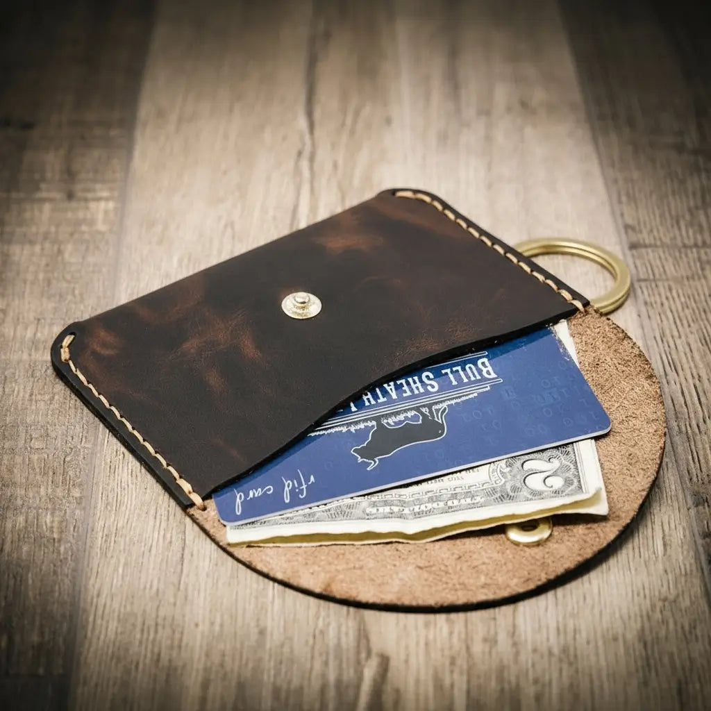 Saddle tan leather keychain wallet with snap pocket and key ring, view 4