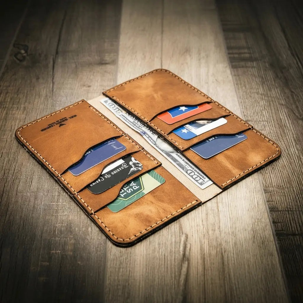 Saddle tan tall leather long wallet with card slots and cash pockets, view 3