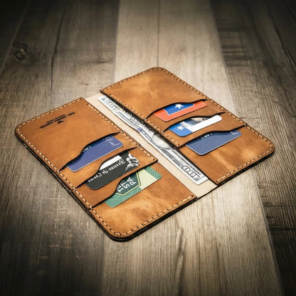 Saddle tan tall leather long wallet with card slots and cash pockets, view 3