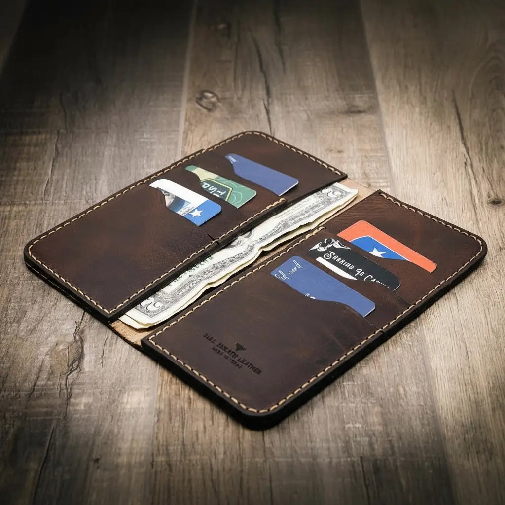 Saddle tan tall leather long wallet with card slots and cash pockets, view 4