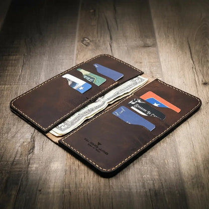 Saddle tan tall leather long wallet with card slots and cash pockets, view 4