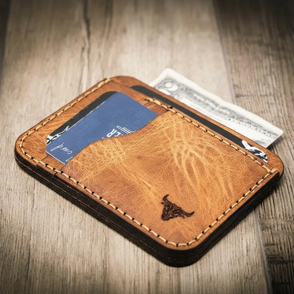 Saddle tan leather minimalist wallet with card slots and ID window