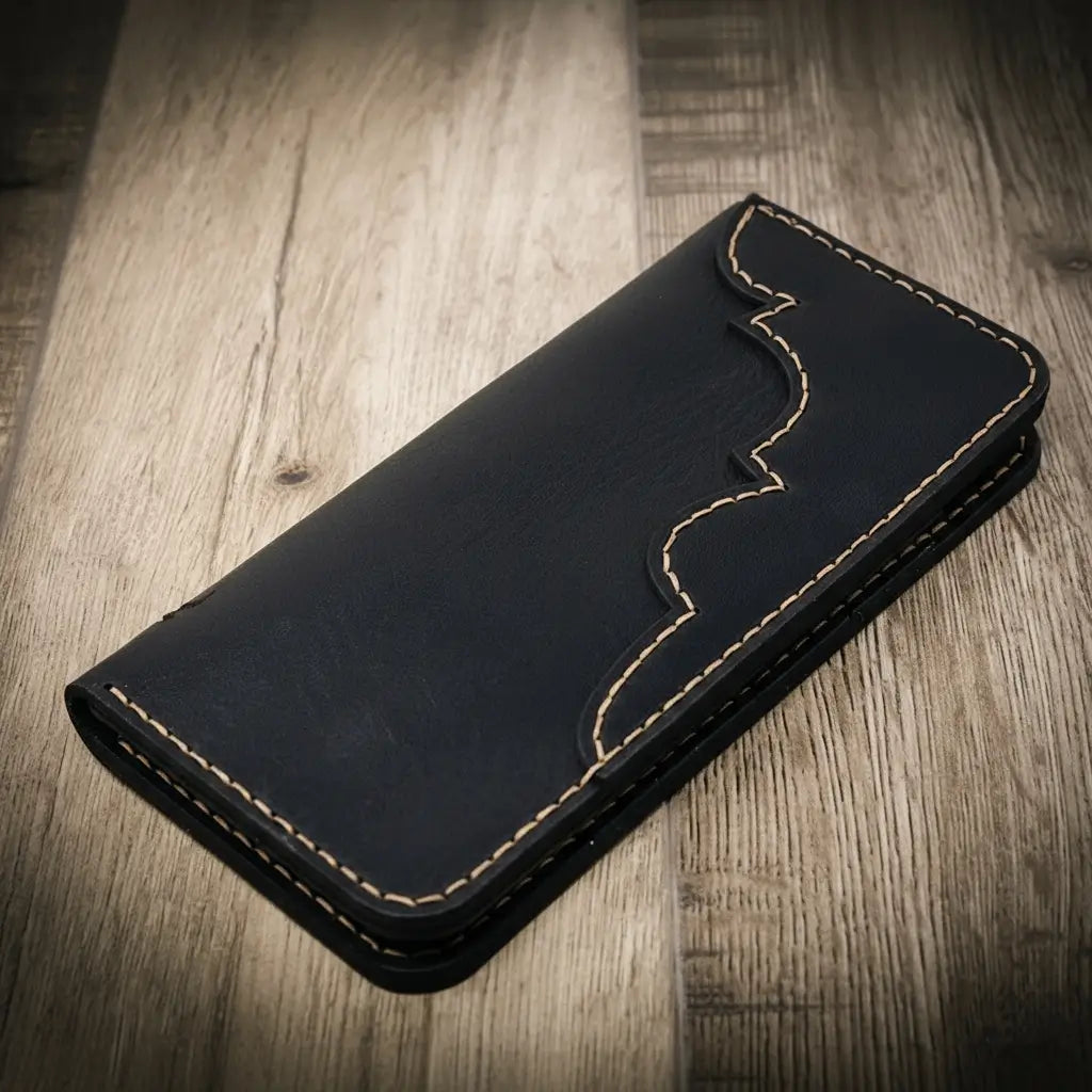 Tooled Western Long Wallet in Black by Bull Sheath Leather