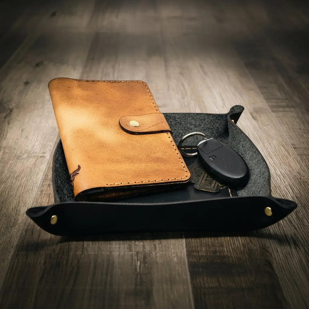 Nightstand Leather Valet Tray in Black by Bull Sheath Leather