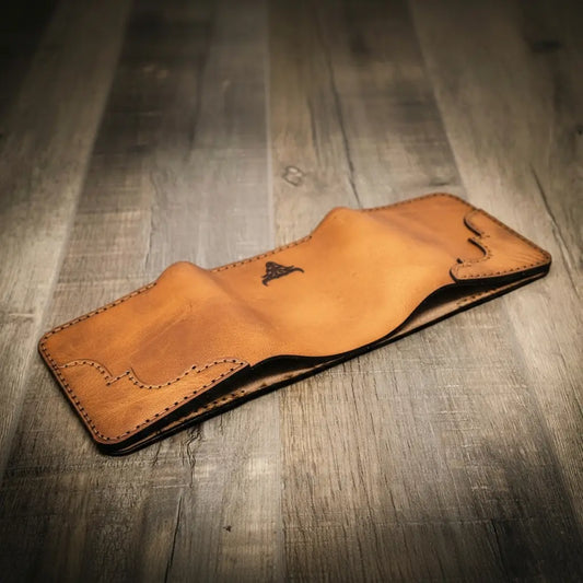 Saddle tan western tooled leather trifold wallet