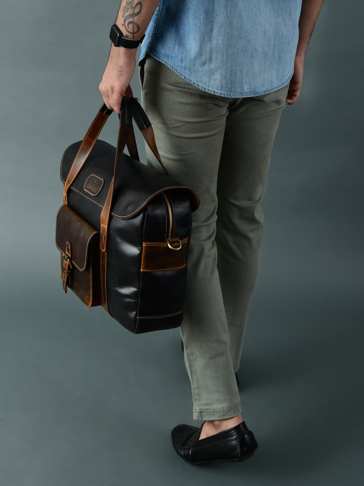 Black and brown buffalo leather top handle briefcase with shoulder strap, view 2