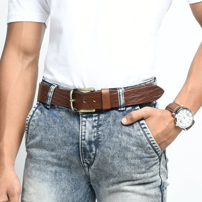 Textured brown leather belt with pin buckle, view 2