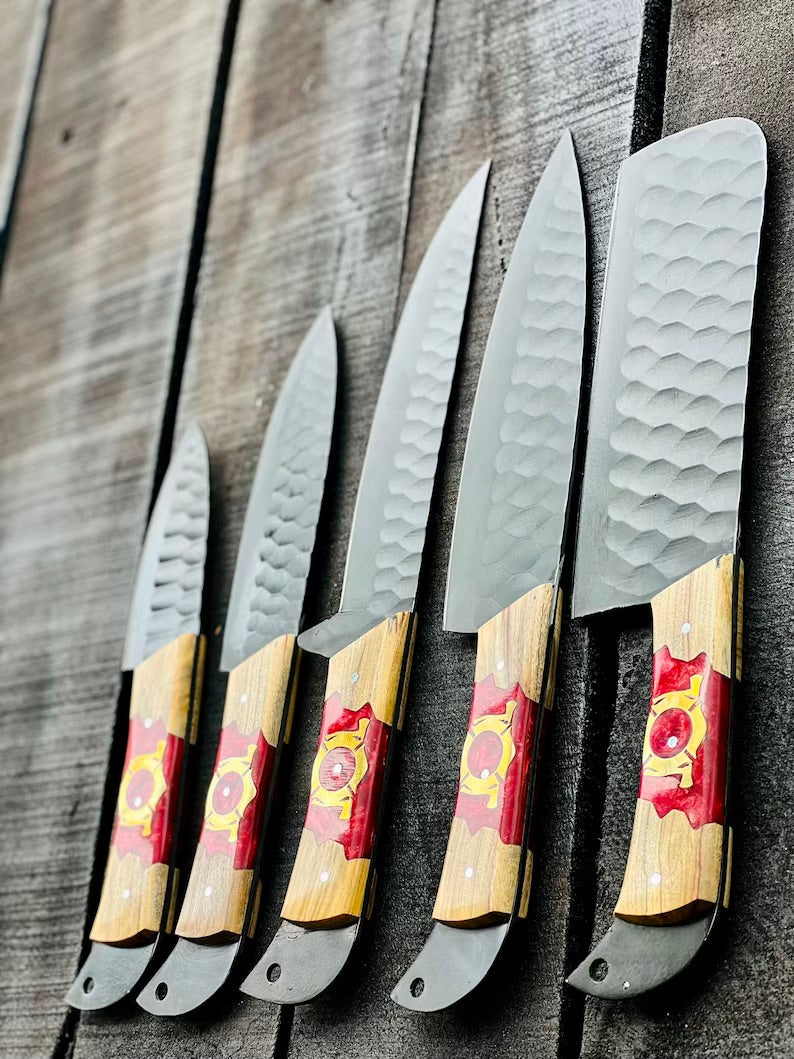 Stainless Steel Knife Set – 13" Forged Blades with Olivewood & Epoxy Resin Handles