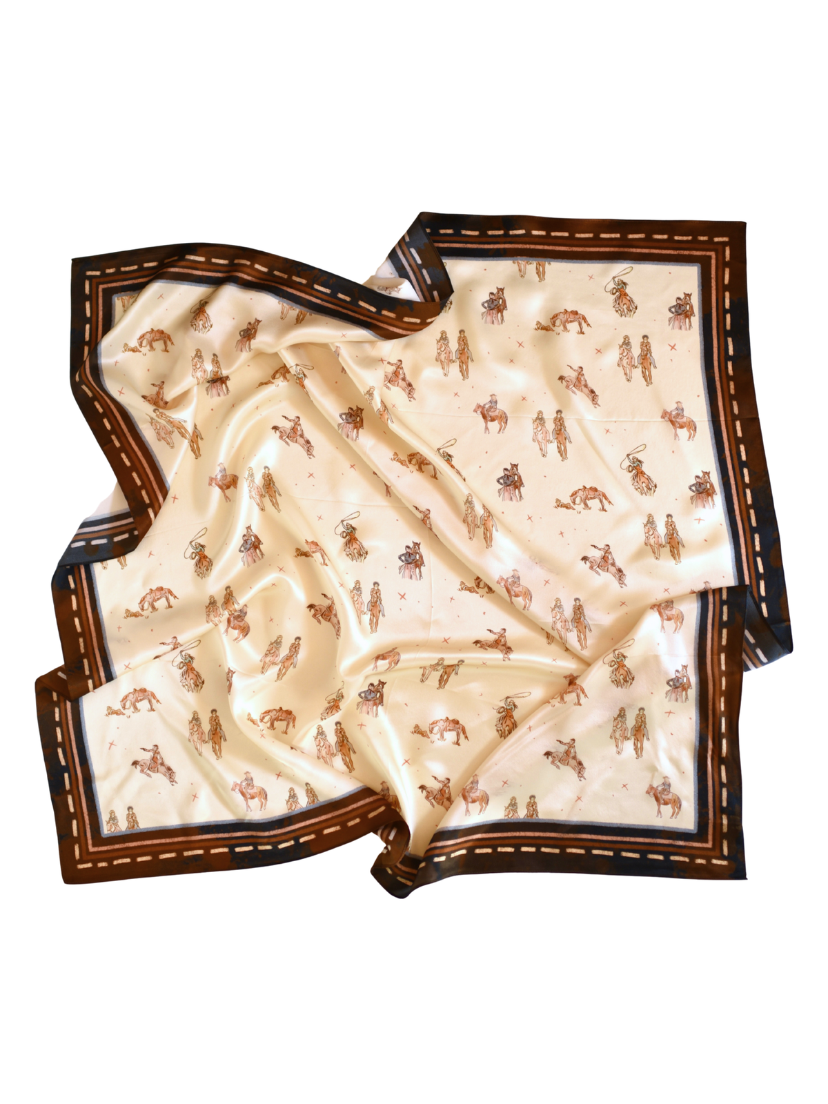 Neutral silk wild rag printed with cowgirls riding and walking horses together