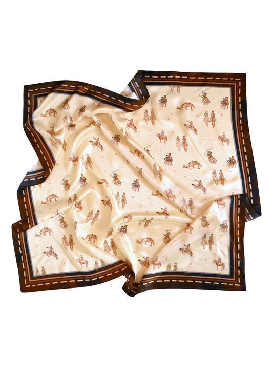 Neutral silk wild rag printed with cowgirls riding and walking horses together