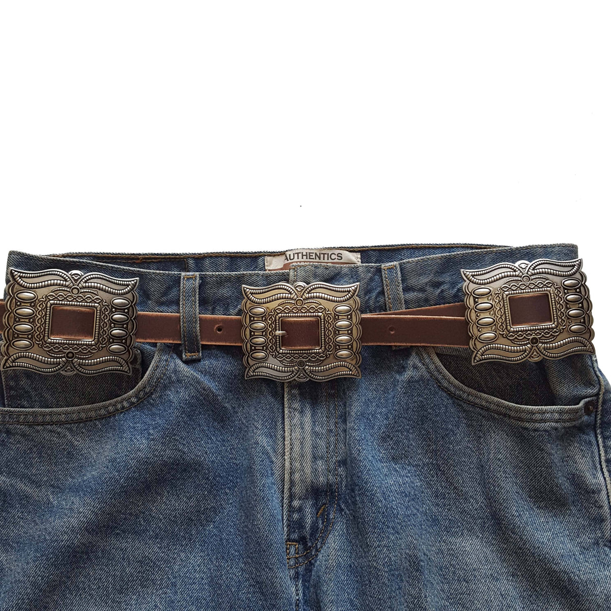 Distressed leather belt with silver rectangular conchos, view 11