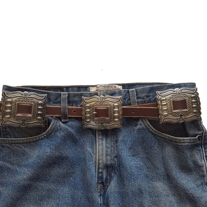 Distressed leather belt with silver rectangular conchos, view 11