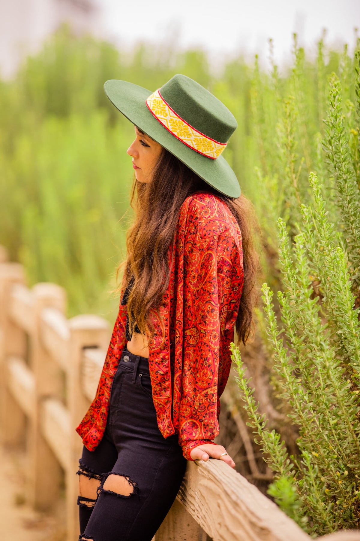 Hunter green alpaca wool felt Spanish style hat with a woven band, view 4