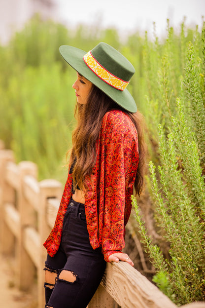 Hunter green alpaca wool felt Spanish style hat with a woven band, view 4