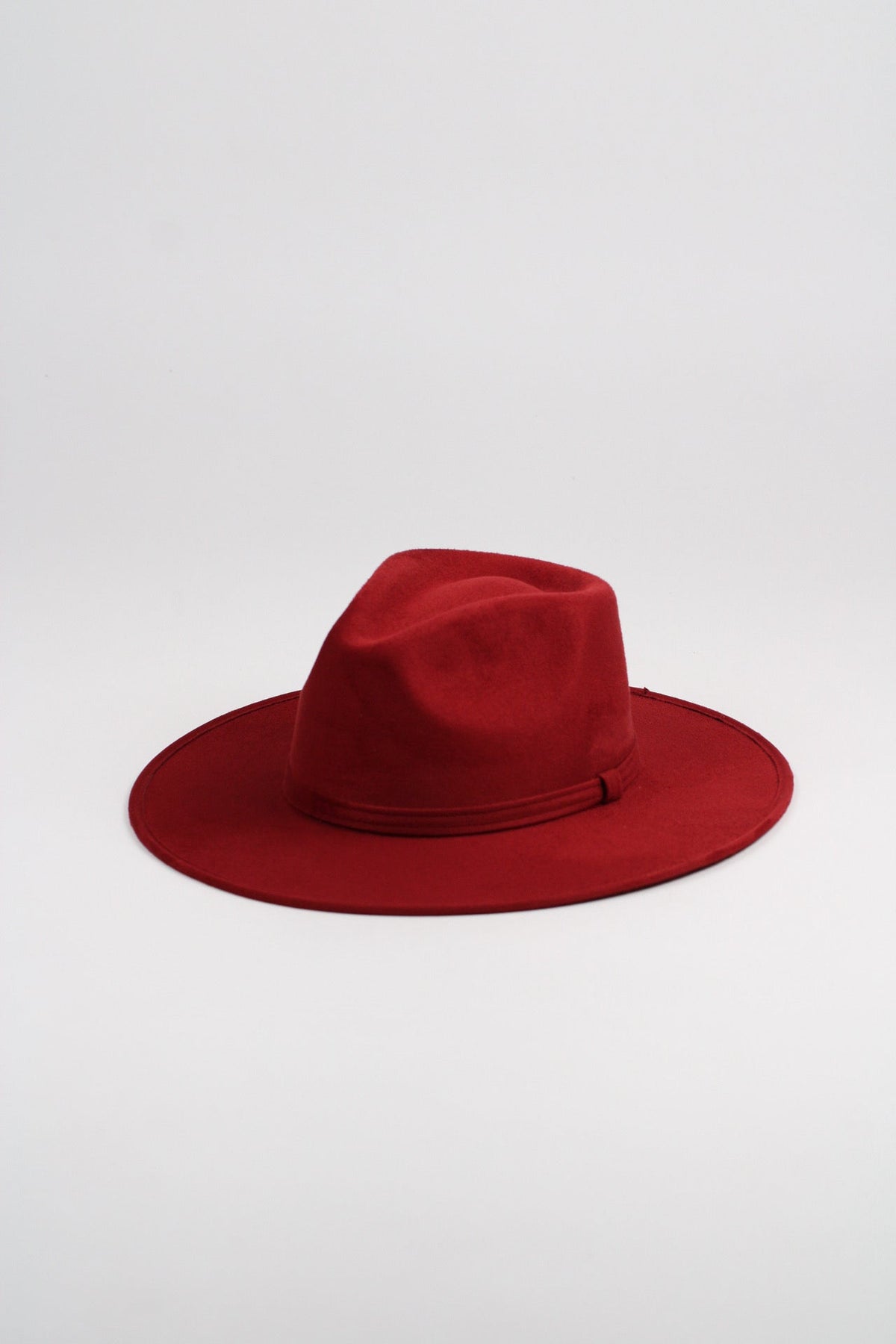 Burgundy vegan suede rancher hat with a flat 3-inch brim