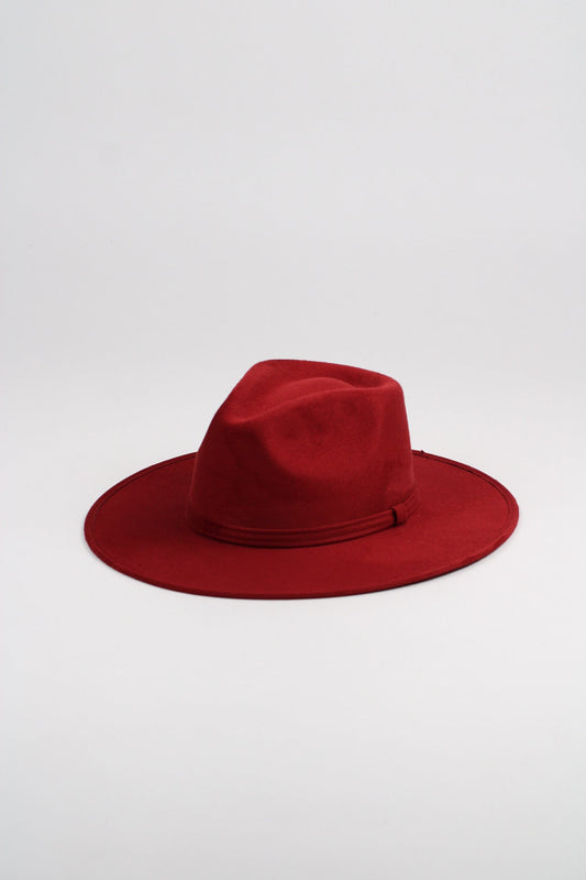Burgundy vegan suede rancher hat with a flat 3-inch brim