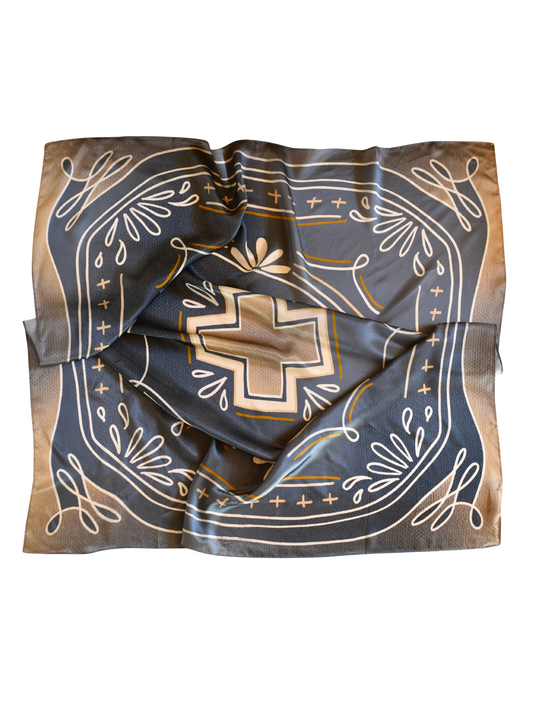 Dusty blue mulberry silk wild rag with a center cross and boot-stitch pattern