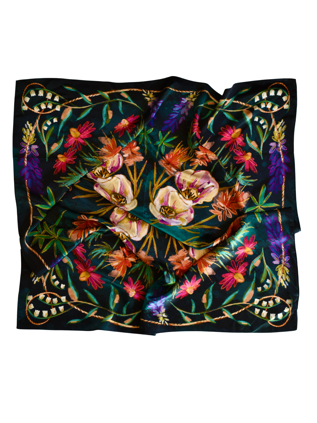 Near-black silk wild rag with jewel-tone wildflowers, purple lupine and a rope border