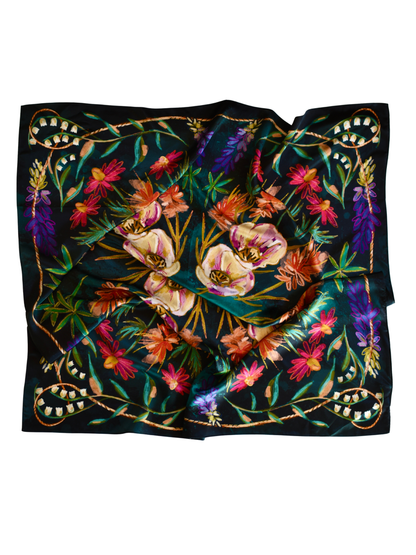 Near-black silk wild rag with jewel-tone wildflowers, purple lupine and a rope border