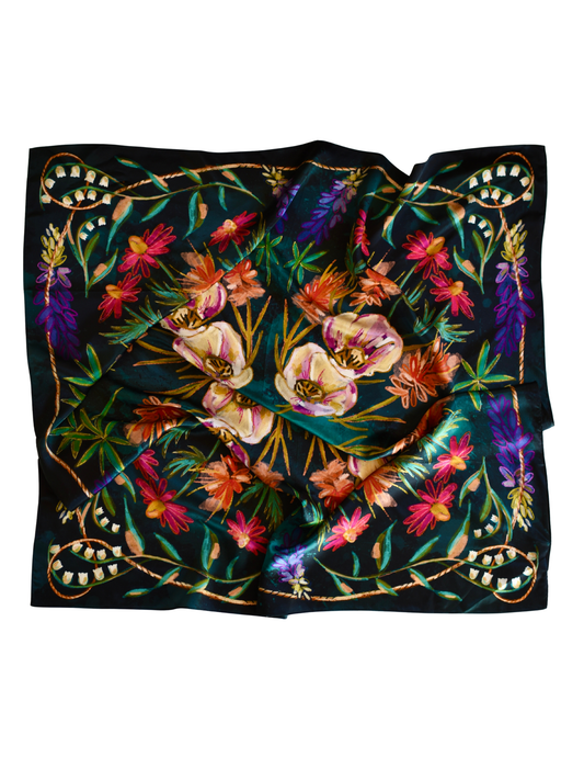 Near-black silk wild rag with jewel-tone wildflowers, purple lupine and a rope border
