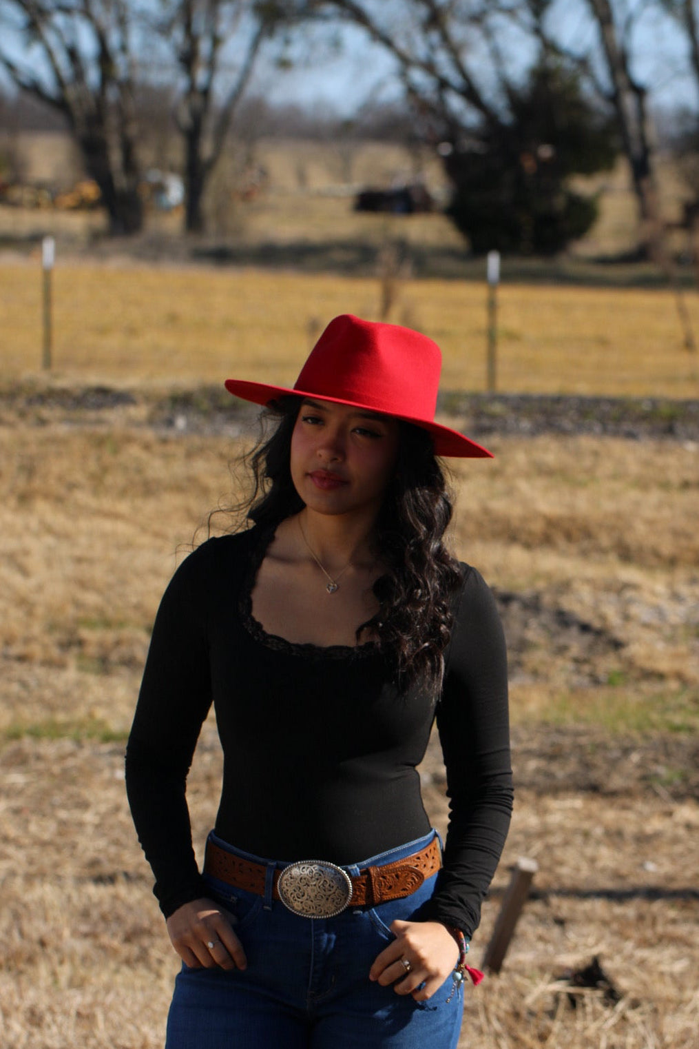 Red merino wool felt rancher hat with a lifted brim, view 4