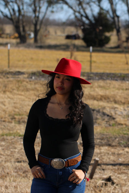 Red merino wool felt rancher hat with a lifted brim, view 4