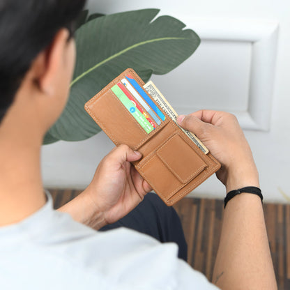 Top-grain leather slim bifold wallet open to show card slots, view 3