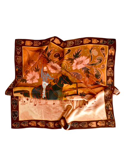 Rust and orange silk wild rag showing a cowgirl roping calves for branding