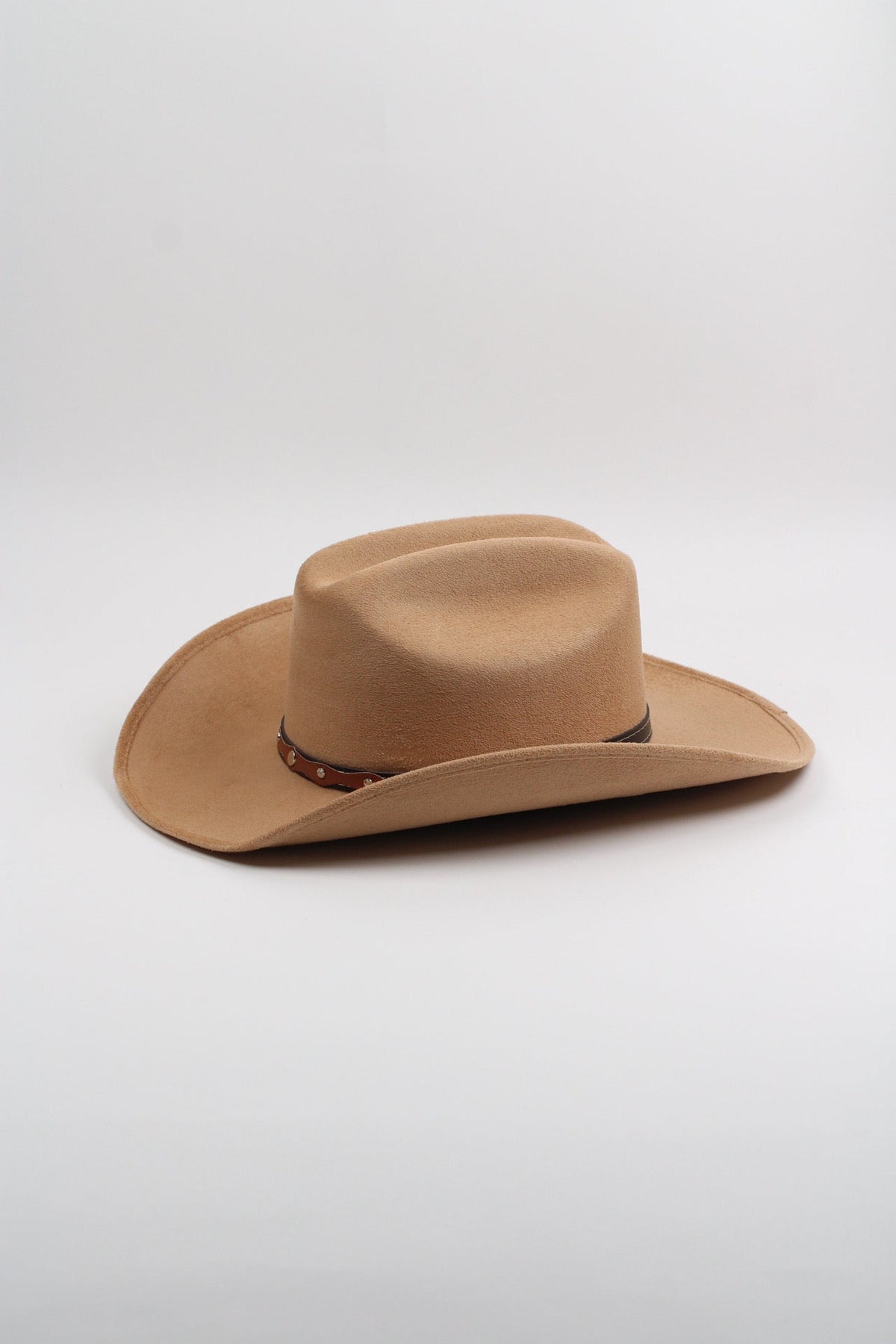 Cappuccino brown vegan suede cowboy hat with a lifted brim and faux leather band