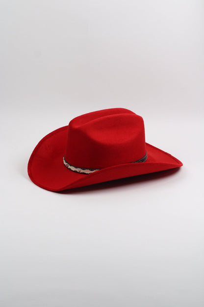 Lipstick red vegan suede cowboy hat with a lifted brim and faux leather band