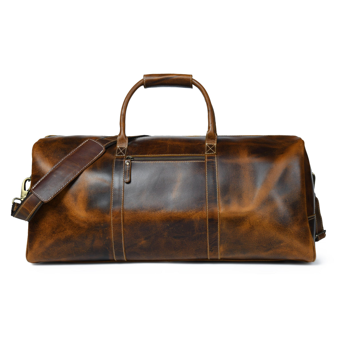 Caramel buffalo leather duffle bag with brass buckles and shoulder strap