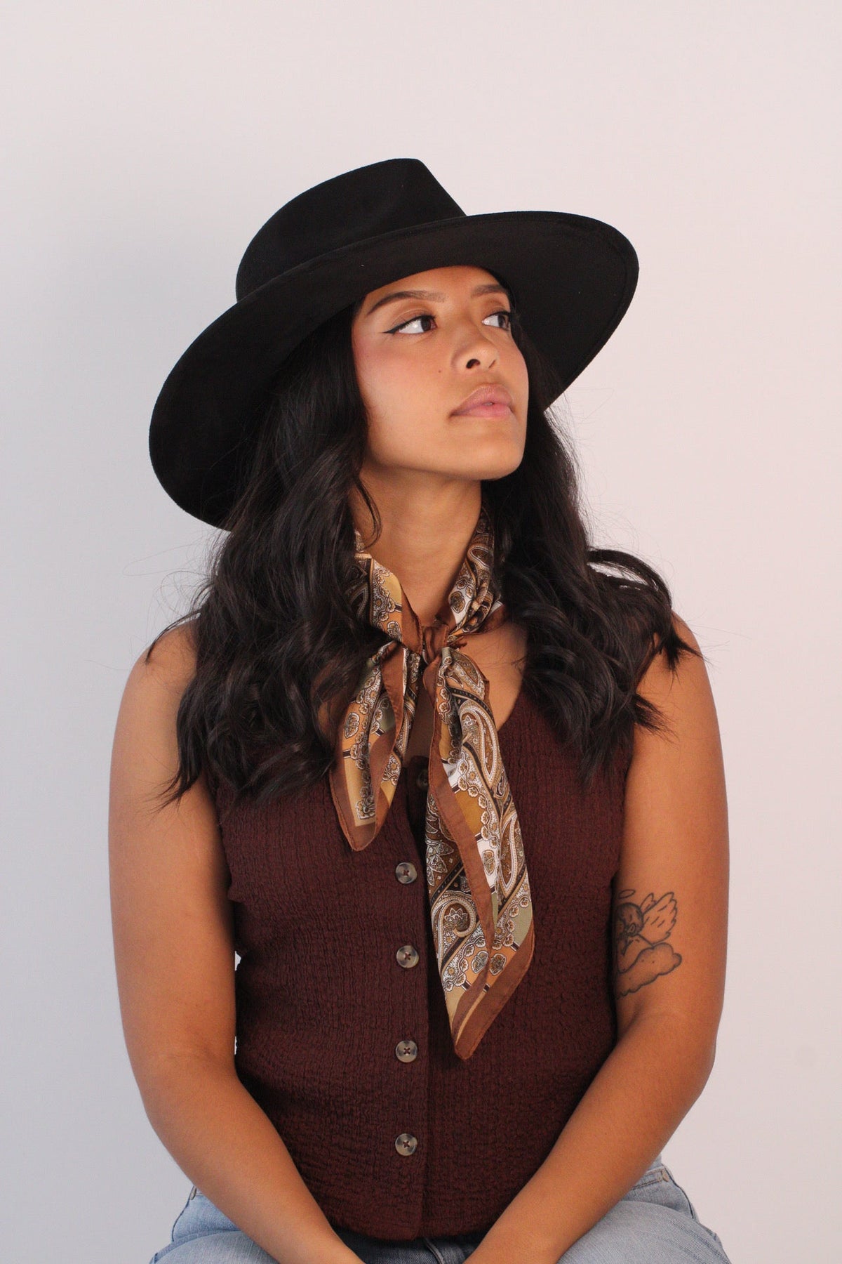 Black vegan suede rancher hat with a flat 3-inch brim, view 4