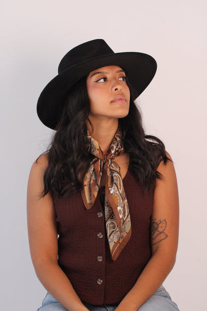 Black vegan suede rancher hat with a flat 3-inch brim, view 4
