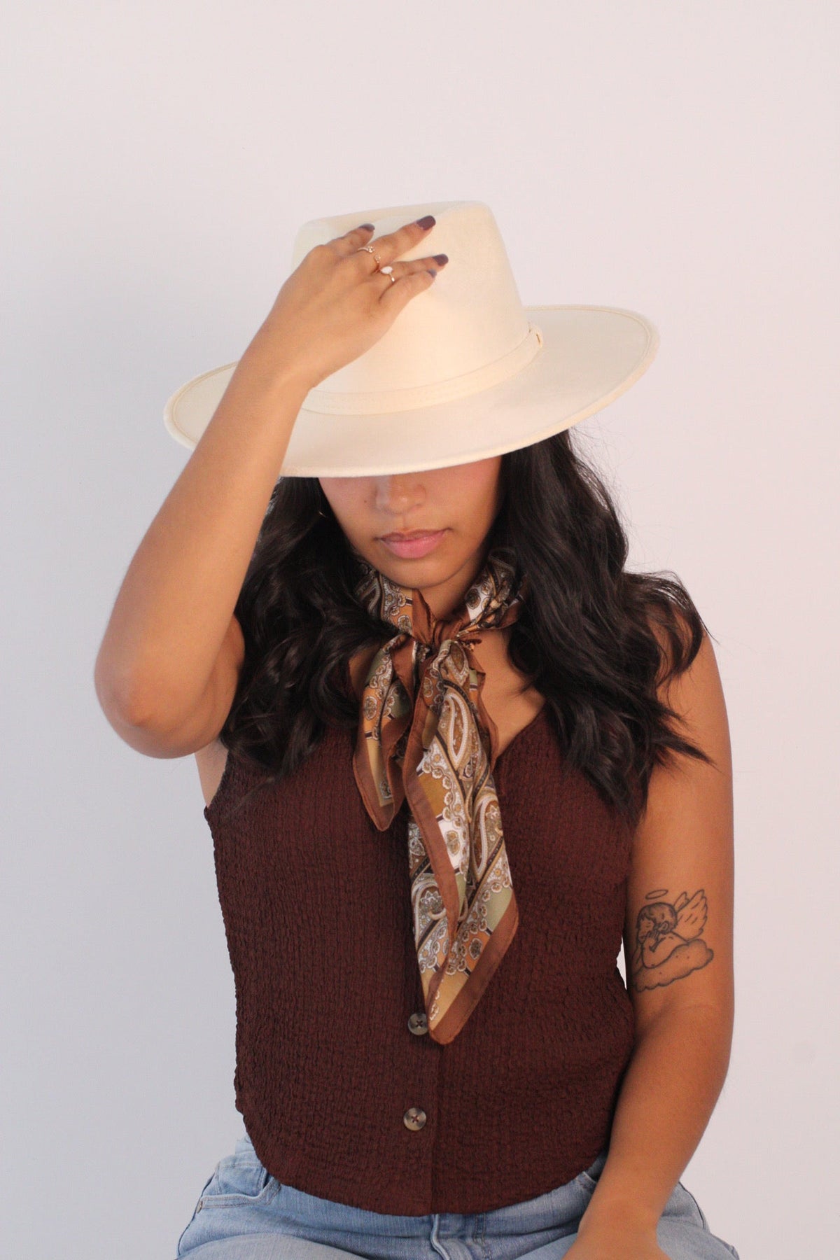 White vegan suede rancher hat with a flat 3-inch brim, view 2