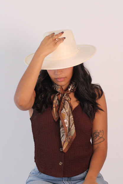 White vegan suede rancher hat with a flat 3-inch brim, view 2