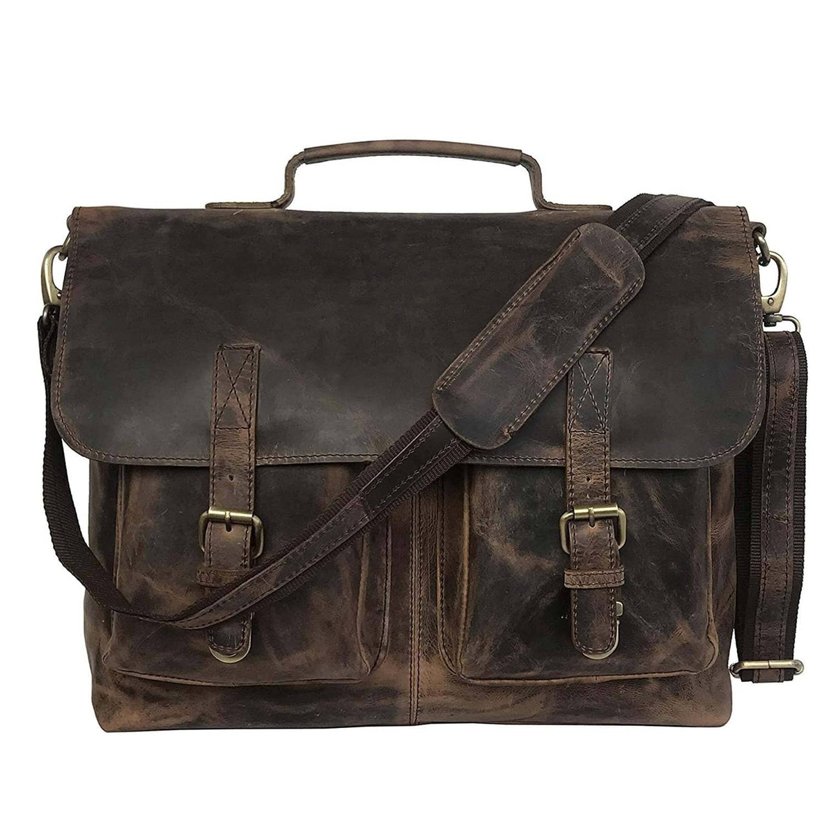 Vintage brown leather briefcase messenger bag with brass hardware