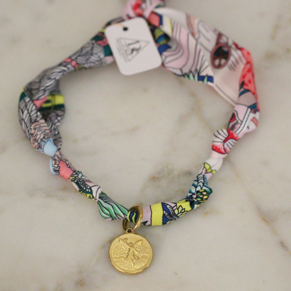 Multicolor silk scarf necklace with gold coin pendant, view 4