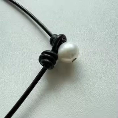 Dark brown leather lariat necklace with freshwater pearls, view 5