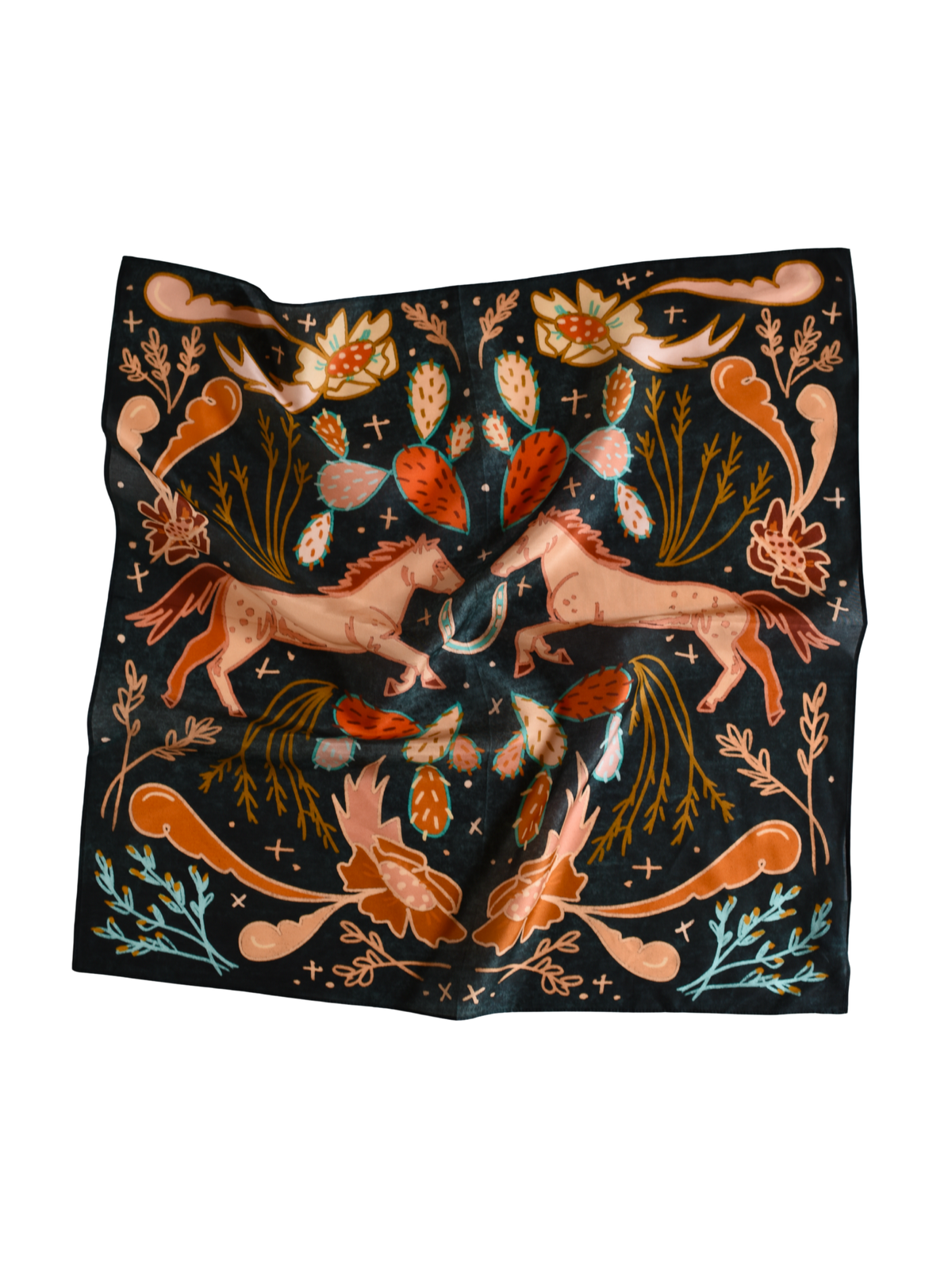 Denim blue wild rag with a folk-art horse, cactus and flowers