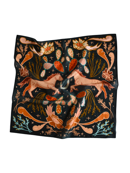 Denim blue wild rag with a folk-art horse, cactus and flowers