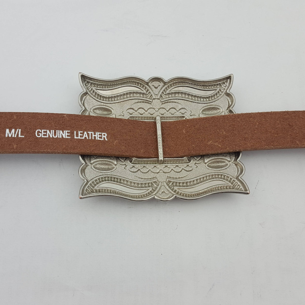 Distressed leather belt with silver rectangular conchos, view 14