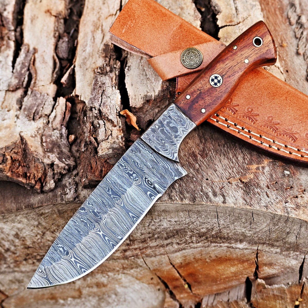 Rosewood Damascus Skinning Knife, Damascus Bolster by Texan Knives, view 3