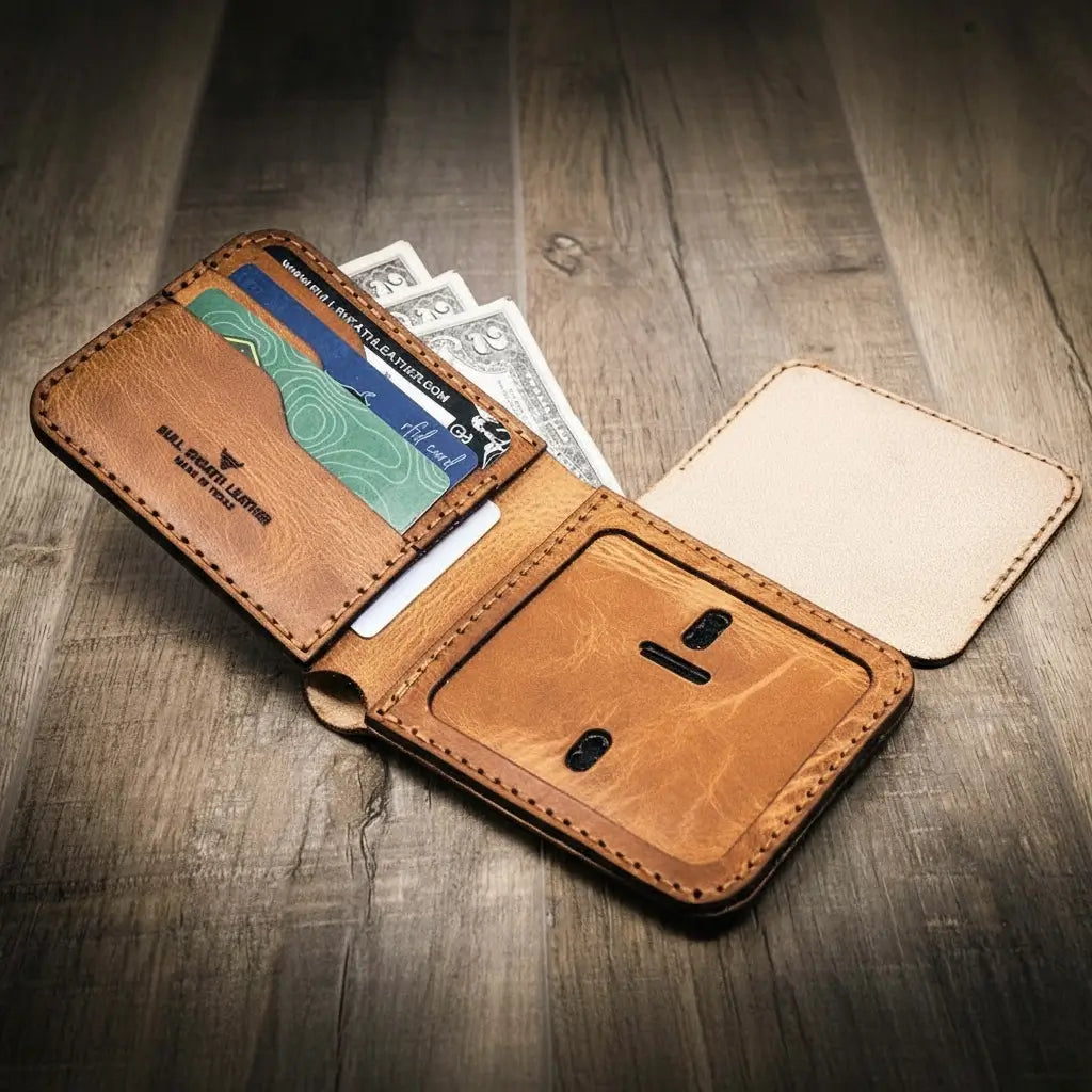 Saddle tan leather bifold badge wallet with badge slot