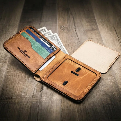 Saddle tan leather bifold badge wallet with badge slot