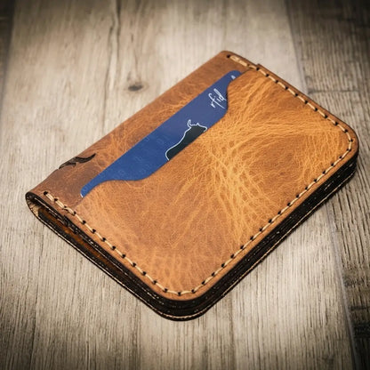 Saddle tan slim leather wallet with brown contrast stitching, view 2