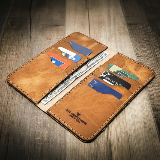 Saddle tan tall leather long wallet with card slots and cash pockets