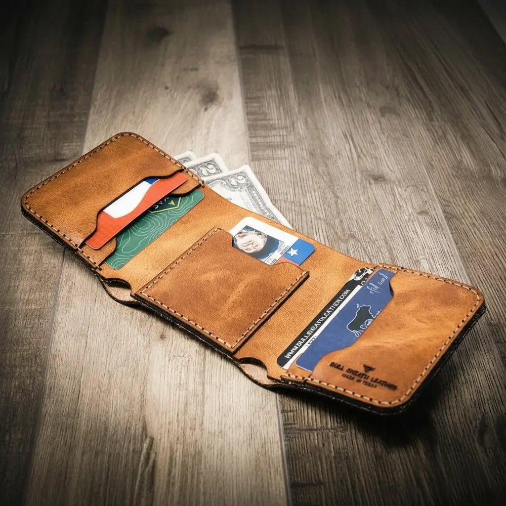 Saddle tan Horween leather trifold wallet with card slots