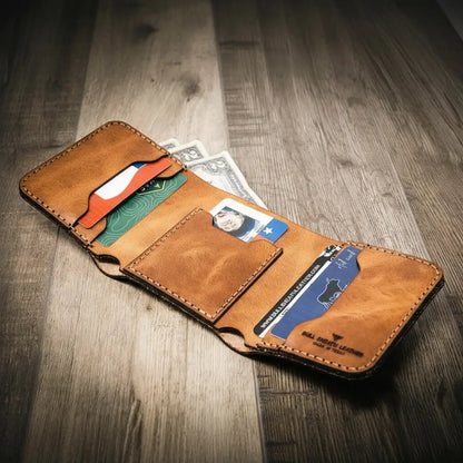 Saddle tan Horween leather trifold wallet with card slots